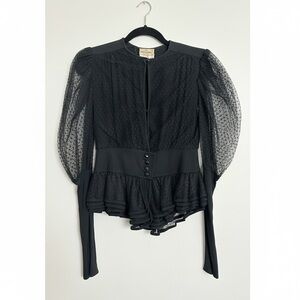 Vintage Valentino Black Textured Blouse with Sheer Sleeves